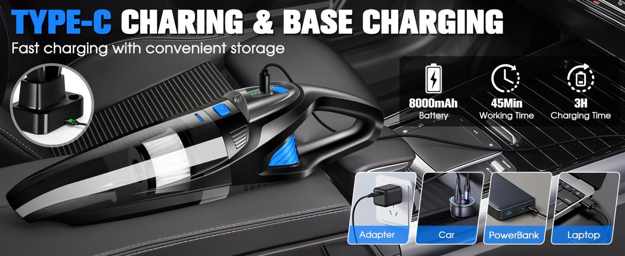 Handstaubsauger, Staubsauger  mit 8000mAh Akku & Ladestation, 25000Pa Saugkraft, WASCHBARER HEPA-Filter, 120W Autosauger für Auto, Tierhaare