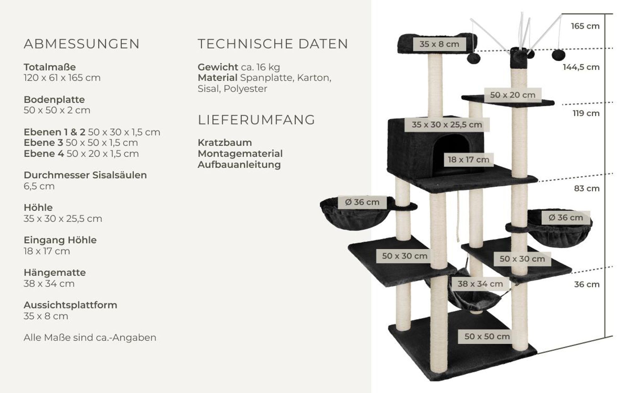 tectake® Kratzbaum Lilou 165 cm inklusive 4 Spielbällen, Kordel und Kippschutz