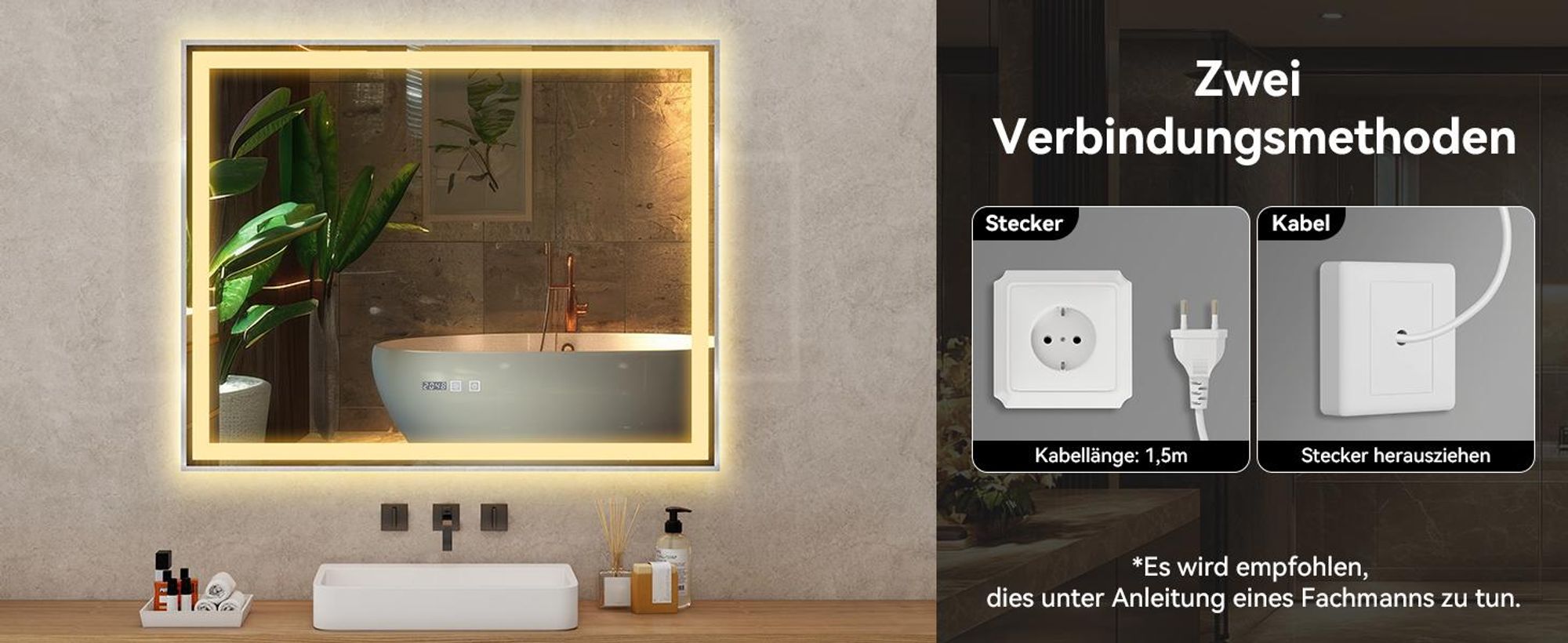 Puluomis Badspiegel 100x80 beschlagfrei mit 3 Farbe Beleuchtung, dimmbare Helligkeit, Badezimmerspiegel mit Digitaluhr, Temperatur silber