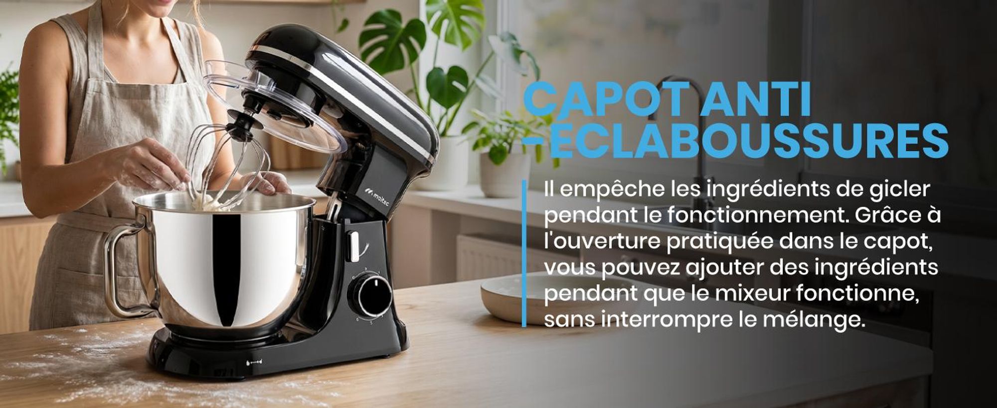 Robot de cuisine, pétrin, mixeur, bol de 7 litres, 3 vitesses, crochets et fouets, acier inoxydable noir, MaltecChef4000W-BL