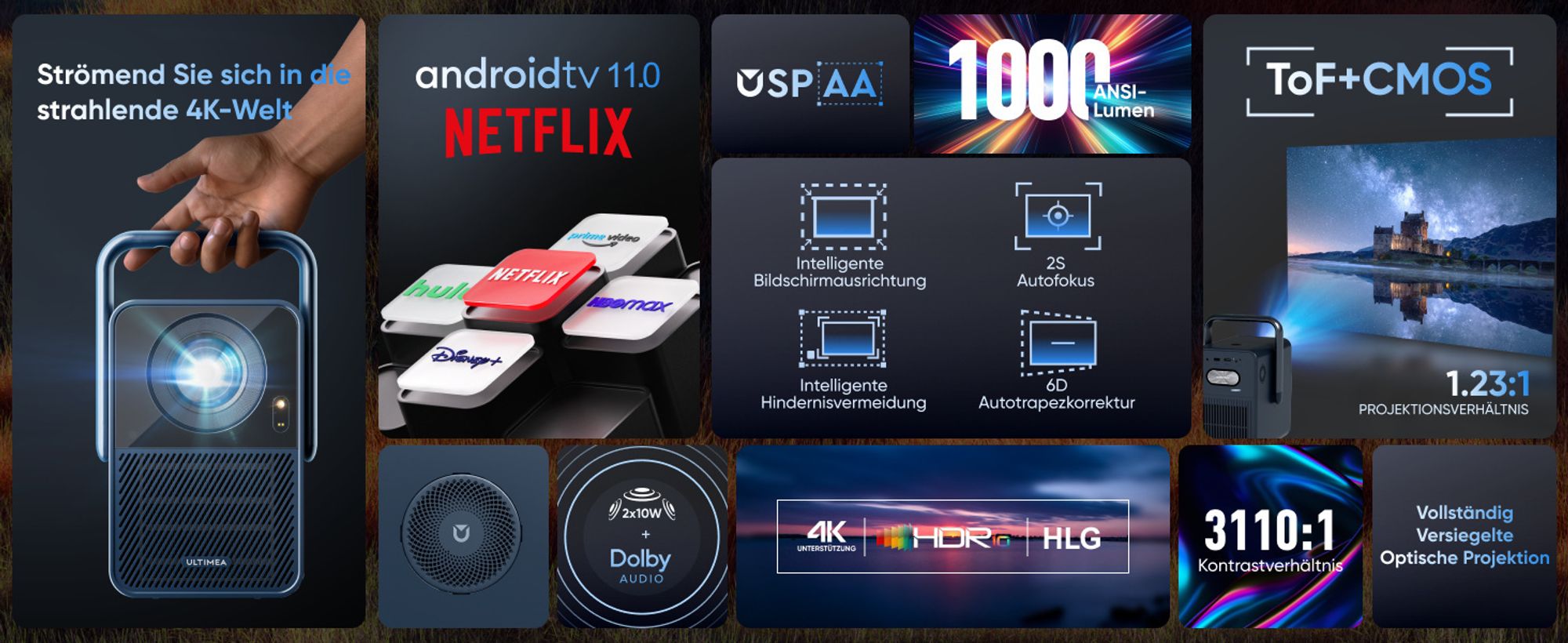 ULTIMEA Beamer Android TV 11.0 mit NETFLIX, 4K Heimkino Beamer Unterstützung 1000 ANSI-Lumen, Dolby Audio, Tragegriffdesign, Poseidon E40 Smart Serie