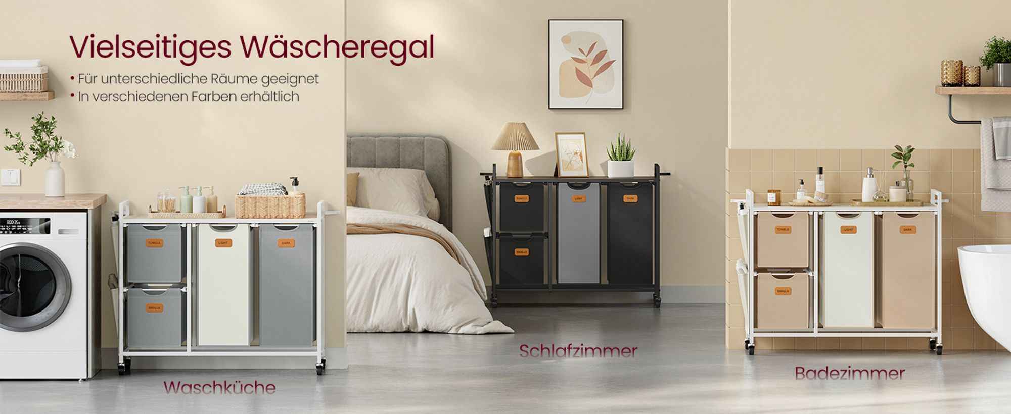 VASAGLE Wäschekorb 4 Fächer, Wäschesammler 150 L,  Wäschewagen mit Ablage