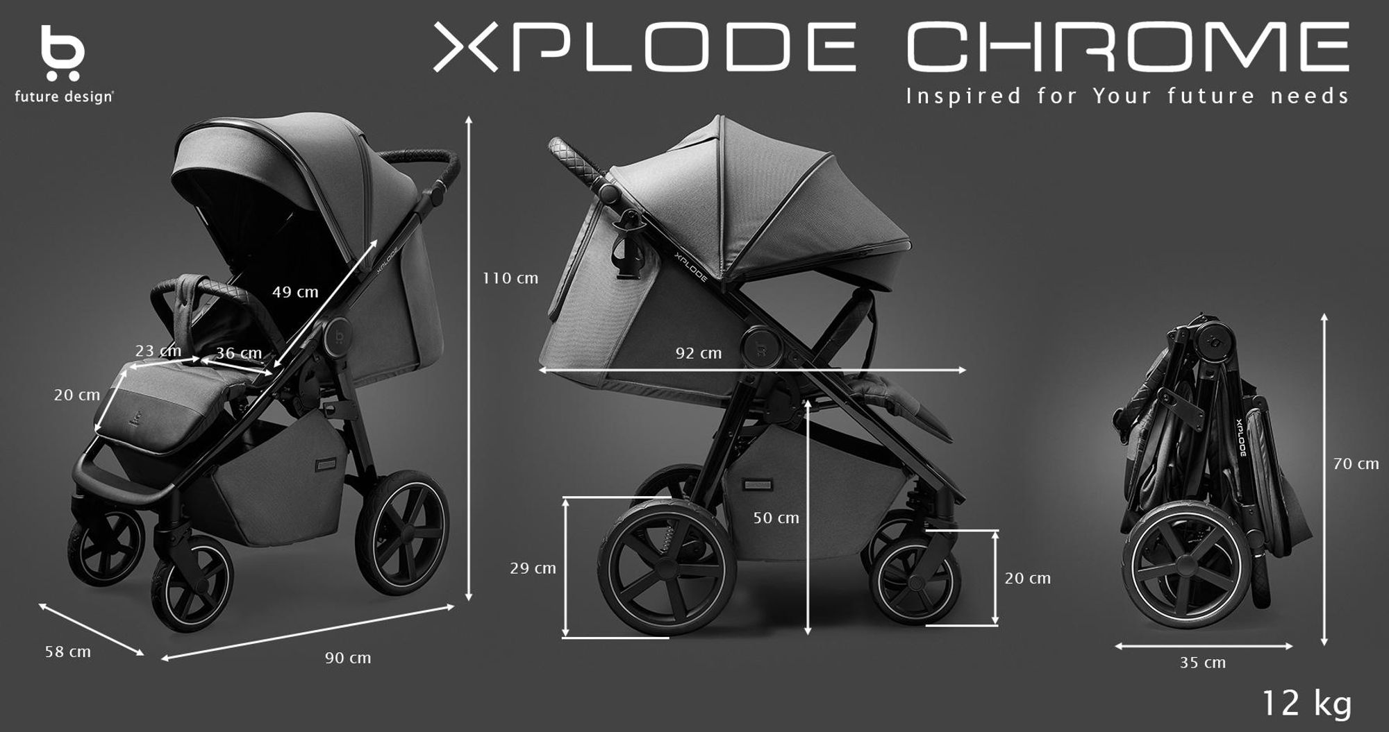 4Baby | Kočárek - Kočárek Buggy - Grafit - Ochrana proti slunci UV50 - Nafukovací pneumatiky a odpružení - Skládání jednou rukou - Do 22 kg - Xplode Chrome