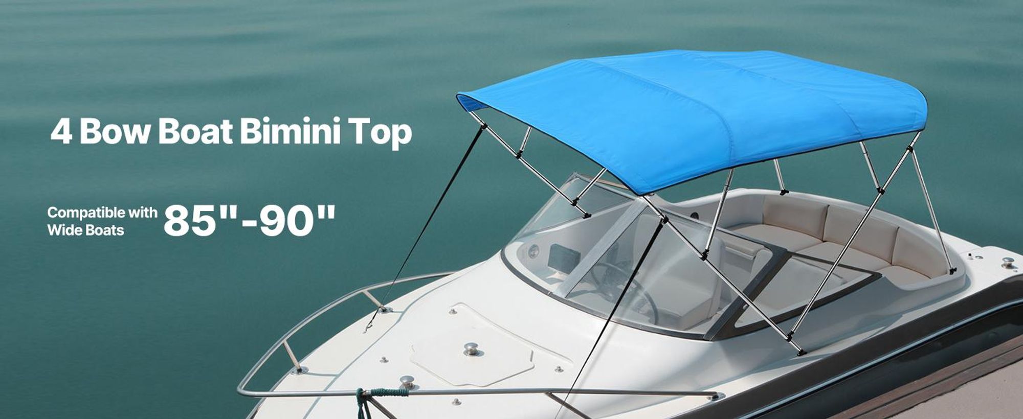VEVOR 4 Bogen Boot Bimini Tops, 600D Polyester Dach mit Aluminiumlegierungsrahmen, wasserdichtes & Sonnenschutz Bootsunterschlupfdach mit Tragetasche, 2 Stützstangen, 4 Riemen, 96"Lx(73"-78")Wx54"H, Pazifisch Blau, 96x(85-90)x54 Zoll, Pazifisches Blau-c