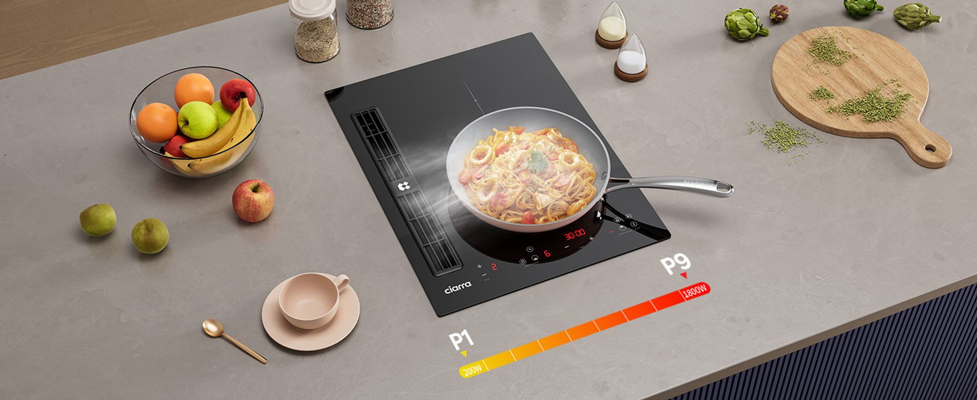 Indukčná varná doska CIARRA s integrovaným odsávacím systémom, 39 cm, systém Plasma⁺, zefitový filter, funkcia Boost pre rýchlejšie varenie, 2 varné zóny, model CBBEH392B