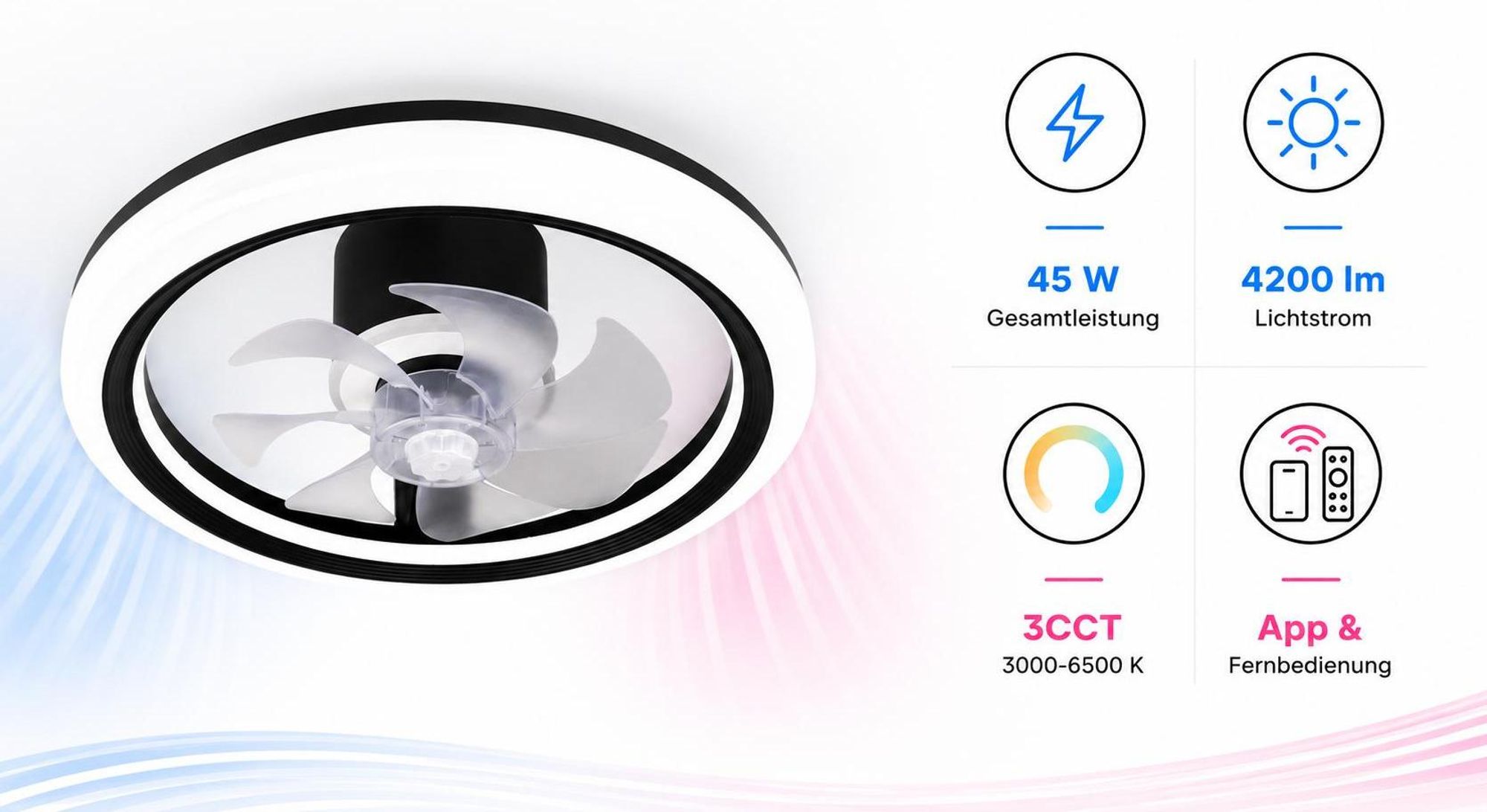 XUDO LED Deckenventilator mit Licht 45W 3CCT per App und Fernbedienung schwarz