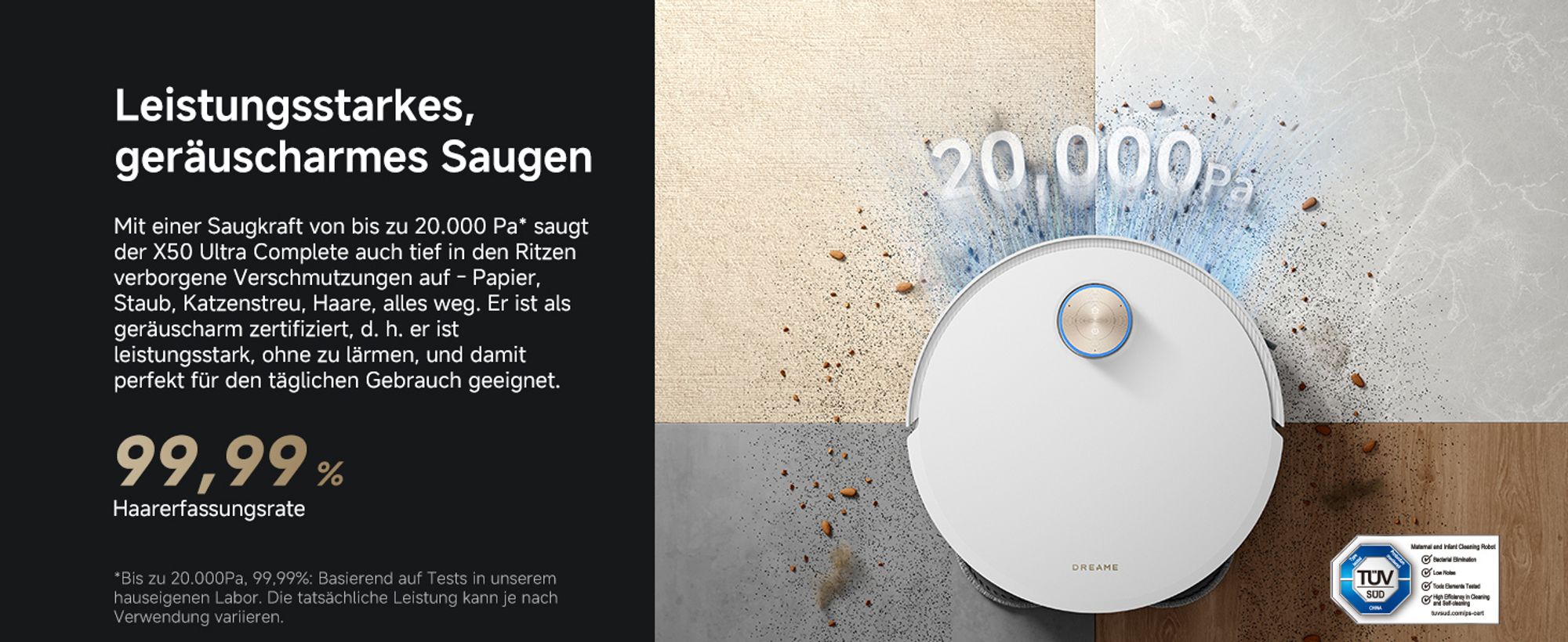 Dreame X50 Ultra Complete Staubsauger Roboter mit Wischfunktion,20KPa Saugkraft,6cm Hindernisfreiheit,Hebarem Wischmopp,360°-Navigation,KI-Vermeidung