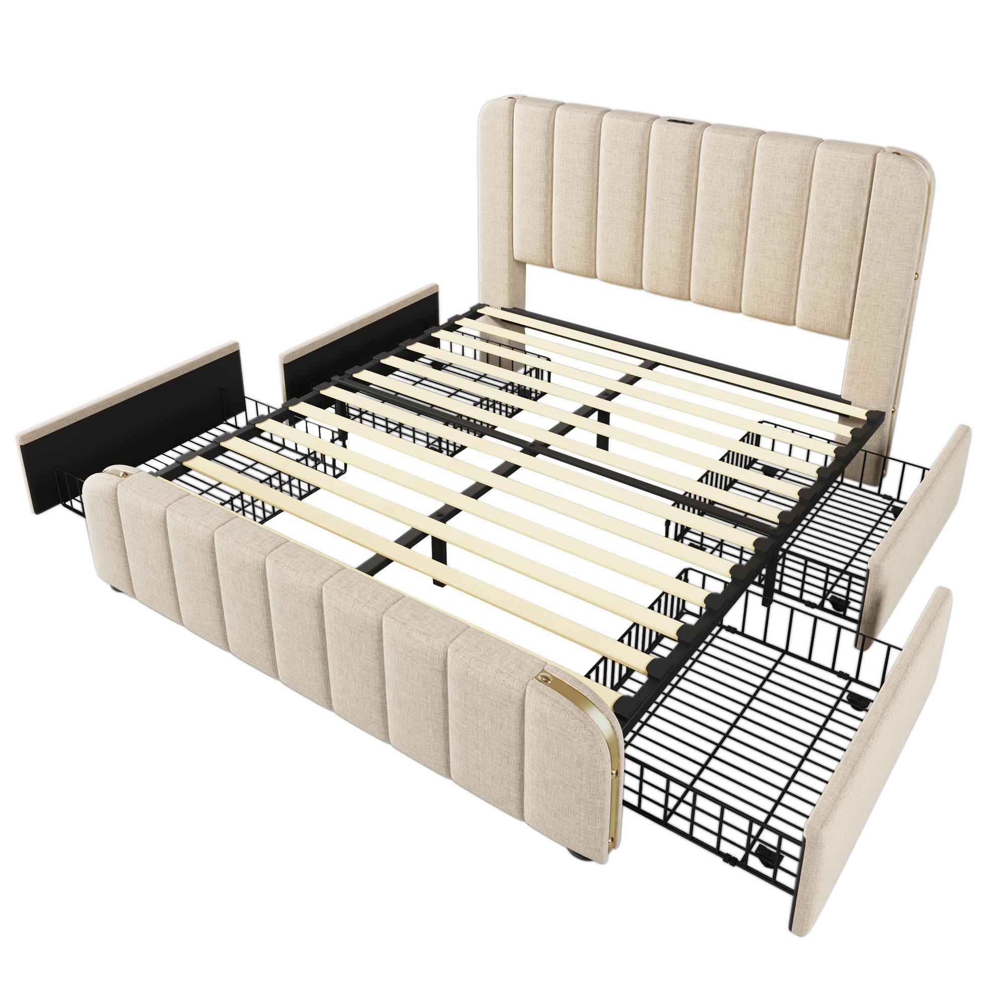 Flieks Polsterbett 160x200cm mit Ladefunktion (USB, Typ-C), Doppelbett Stauraumbett mit 4 Schubladen, Jugendbett Funktionsbett, Leinen, Beige