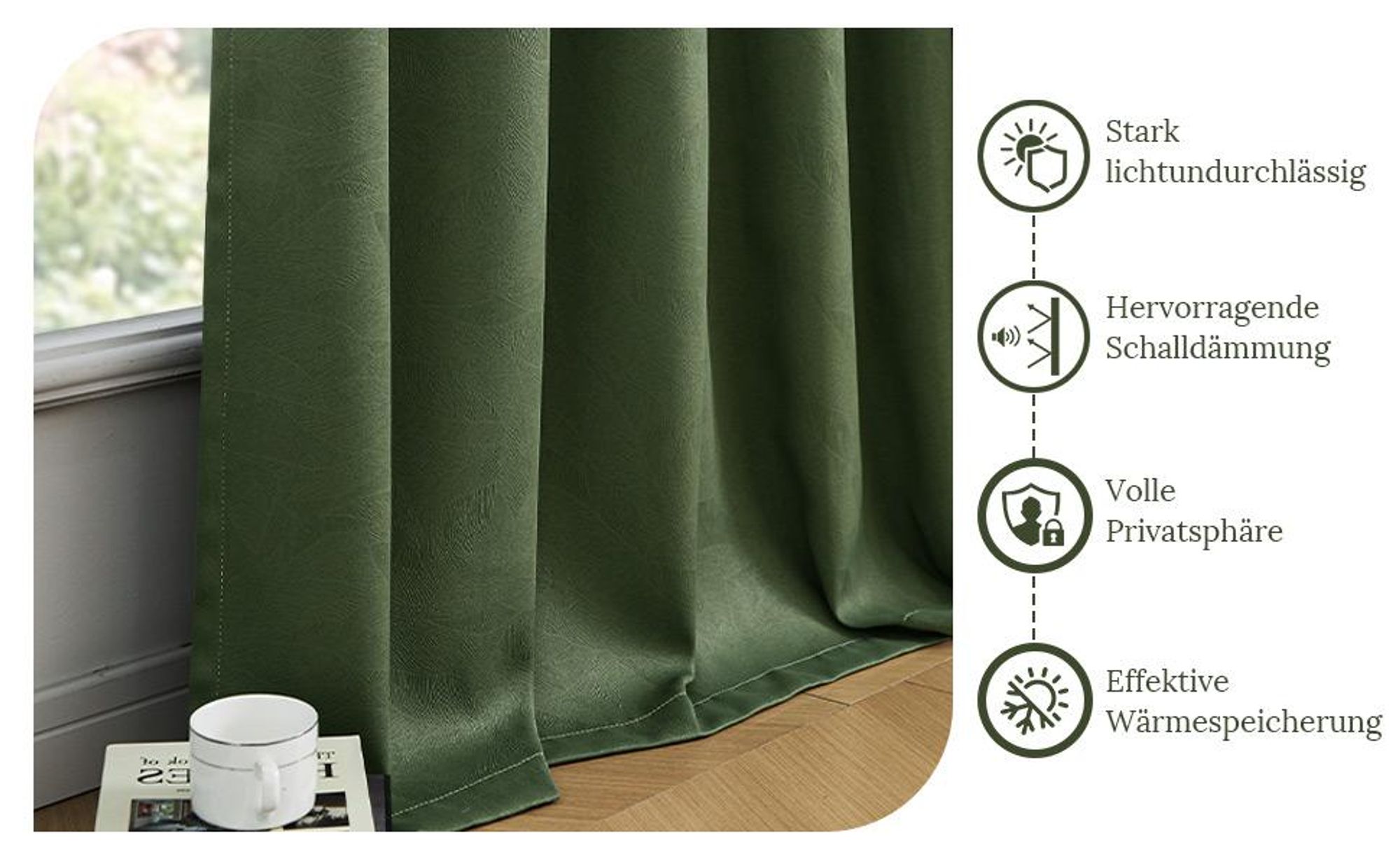 Geprägte Vorhänge Grün 2er Set Blickdicht 85% - 310GSM Thermo Gardinen Samt Vorhang 132x274cm Verdunkelungsvorhang mit Multifunktionsband Kräuselband Wohnzimmer Schlafzimmer