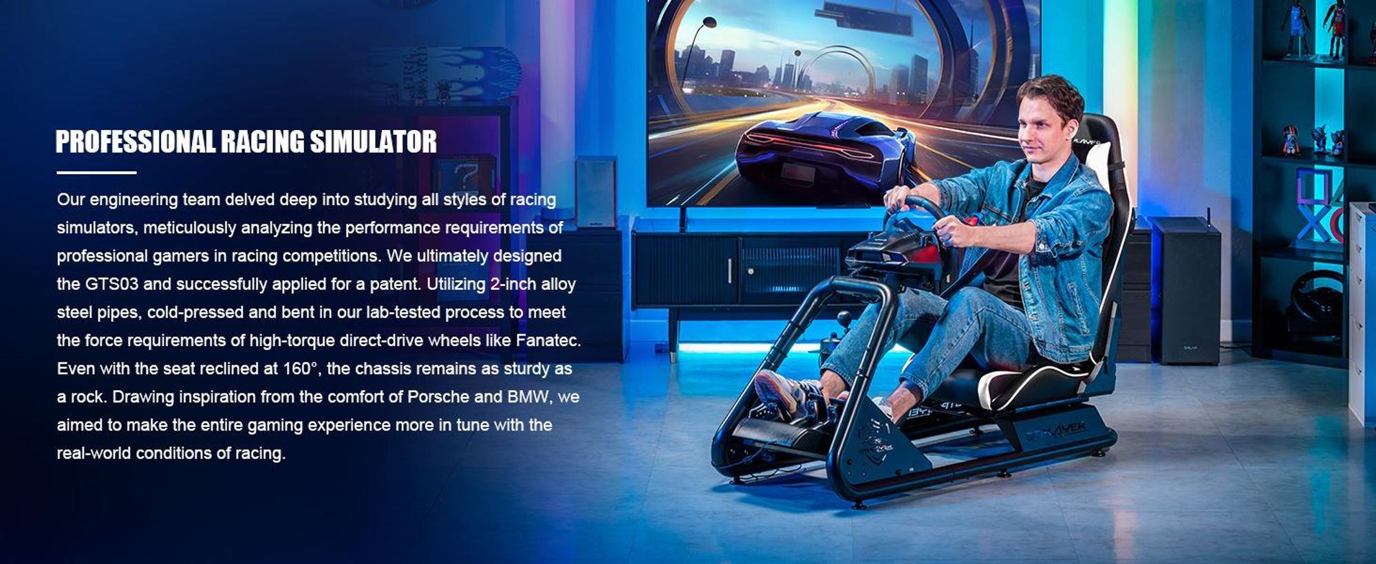 GTPLAYER Simulator Cockpit, SIM-racen cockpit, stuurstandaard voor race-simulators, gamingstoel, stuurstandaard met Bluetooth-luidspreker en pedaalhouder