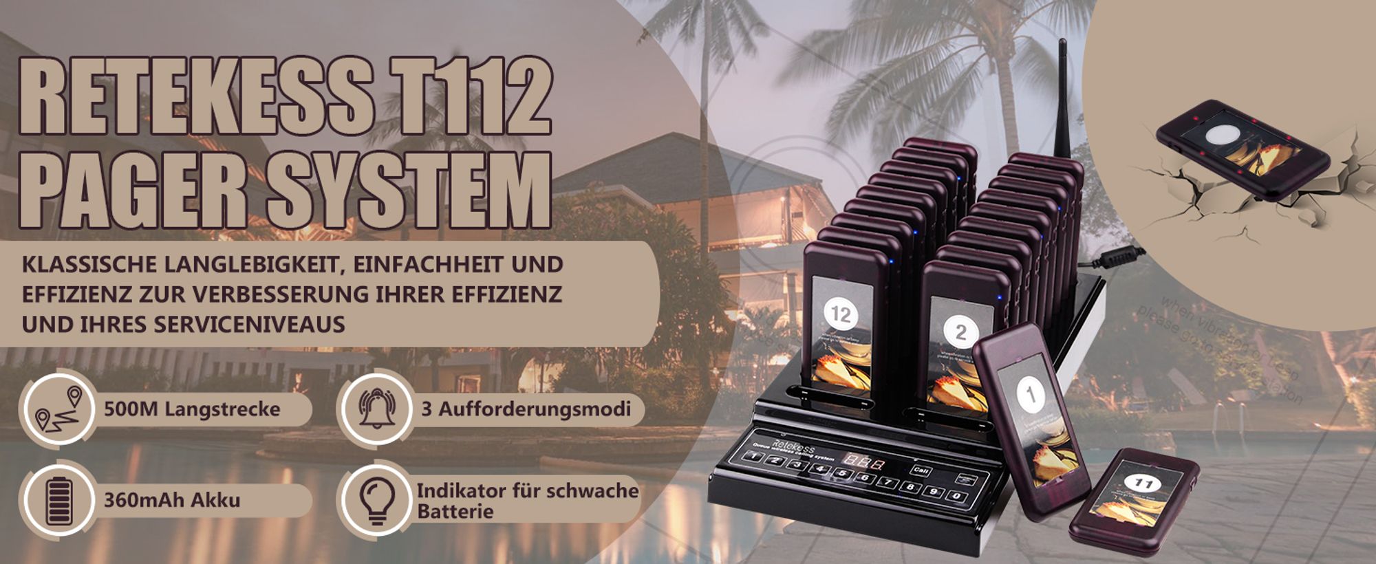 Retekess T112 Rrestaurant Pager System, Drahtloses Anrufsystem, 3 Anrufmodi, Ladelicht, 12 Stunden Wiederaufladbar, für Schnellimbiss Hotel Krankenhau
