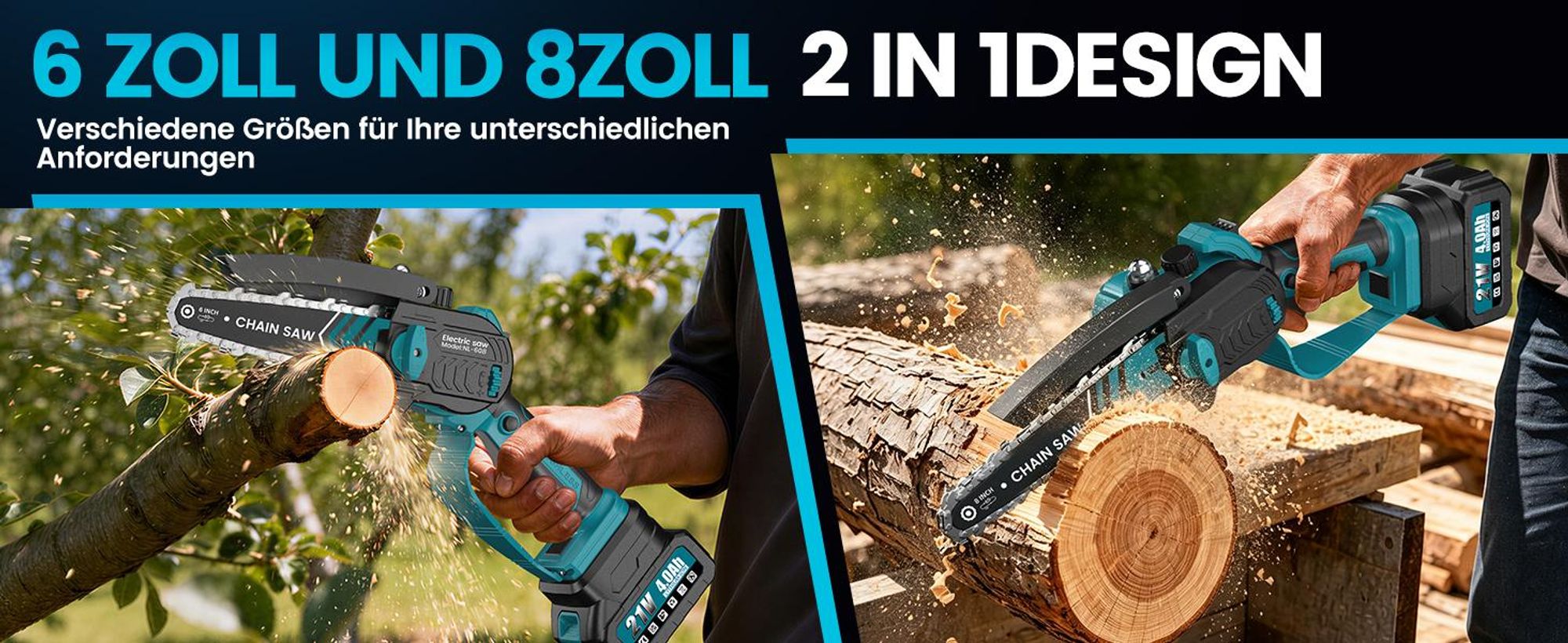Akku-Kettensäge 6+8 Zoll Bürstenloser Mini Kettensäge mit 2x 4000 mAh Akku, 1200W Einhand HandKettensäge für Gartenscheren Holzschneidenz
