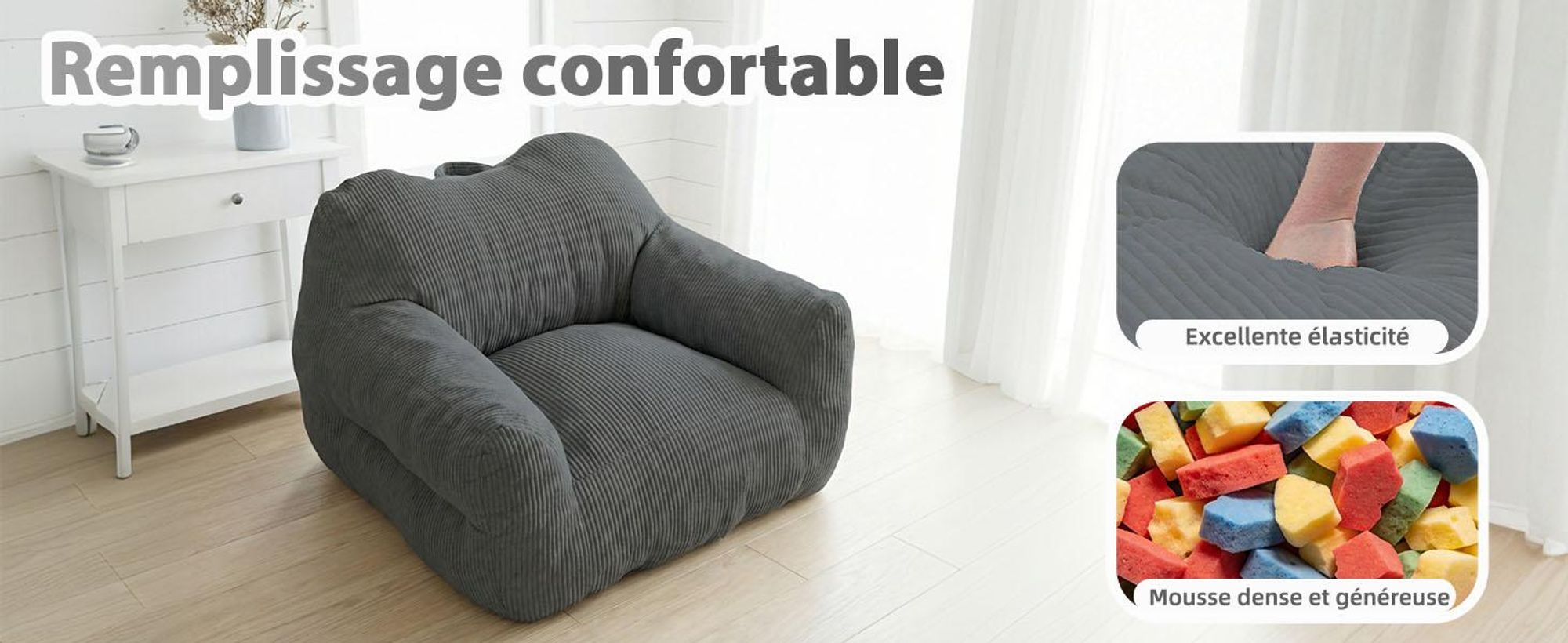 Pouf géant pour adulte, rembourrage en mousse déchiquetée, canapé de sol moelleux, forme carrée, gris