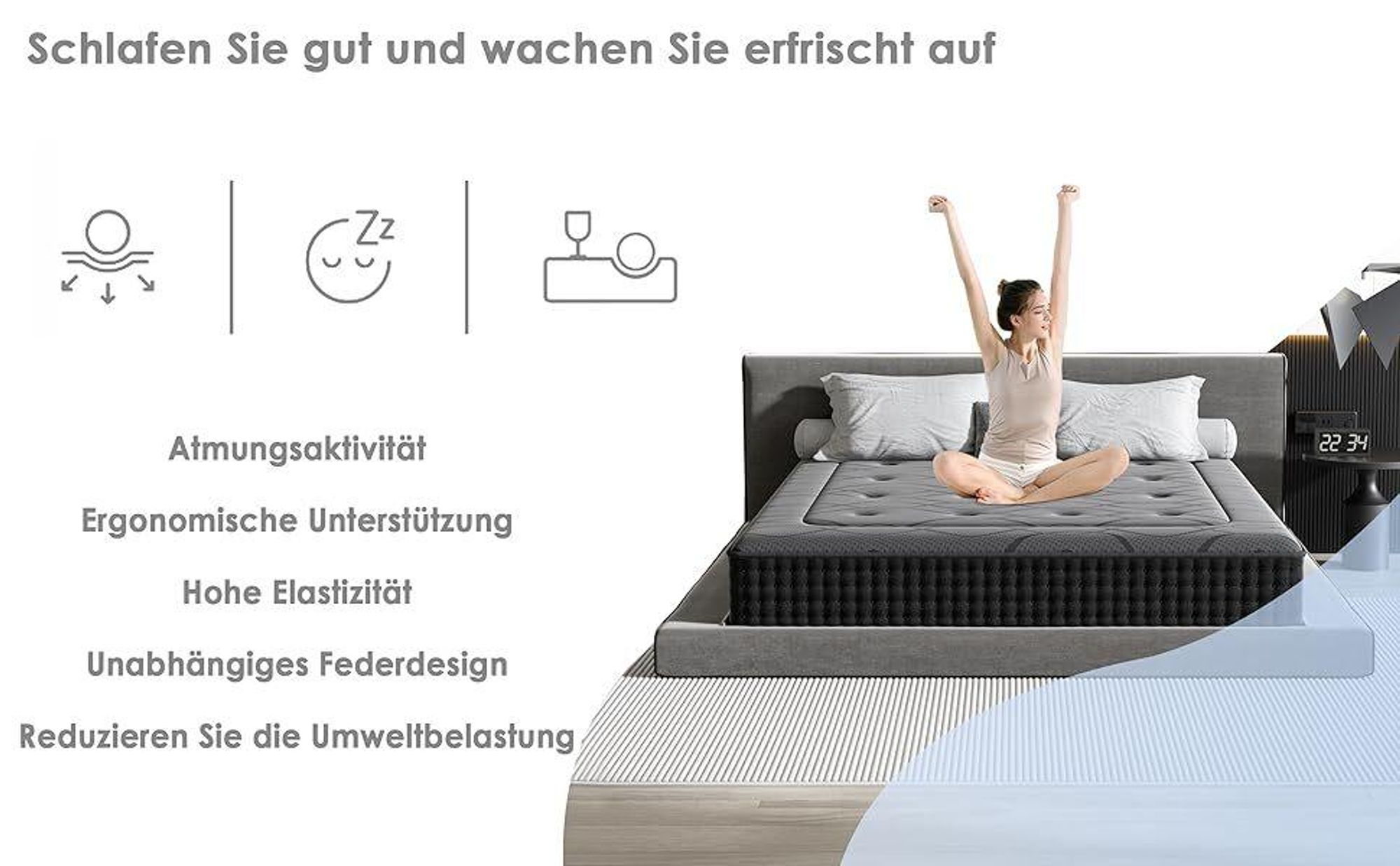 DEWINNER, Matratze Geräuschlose 90x200, Höhe 30 cm, Gedächtnisschaum, Hautfreundliches Graues Obermaterial, Fester Komfort, Atmungsaktiv, 7 Zonen