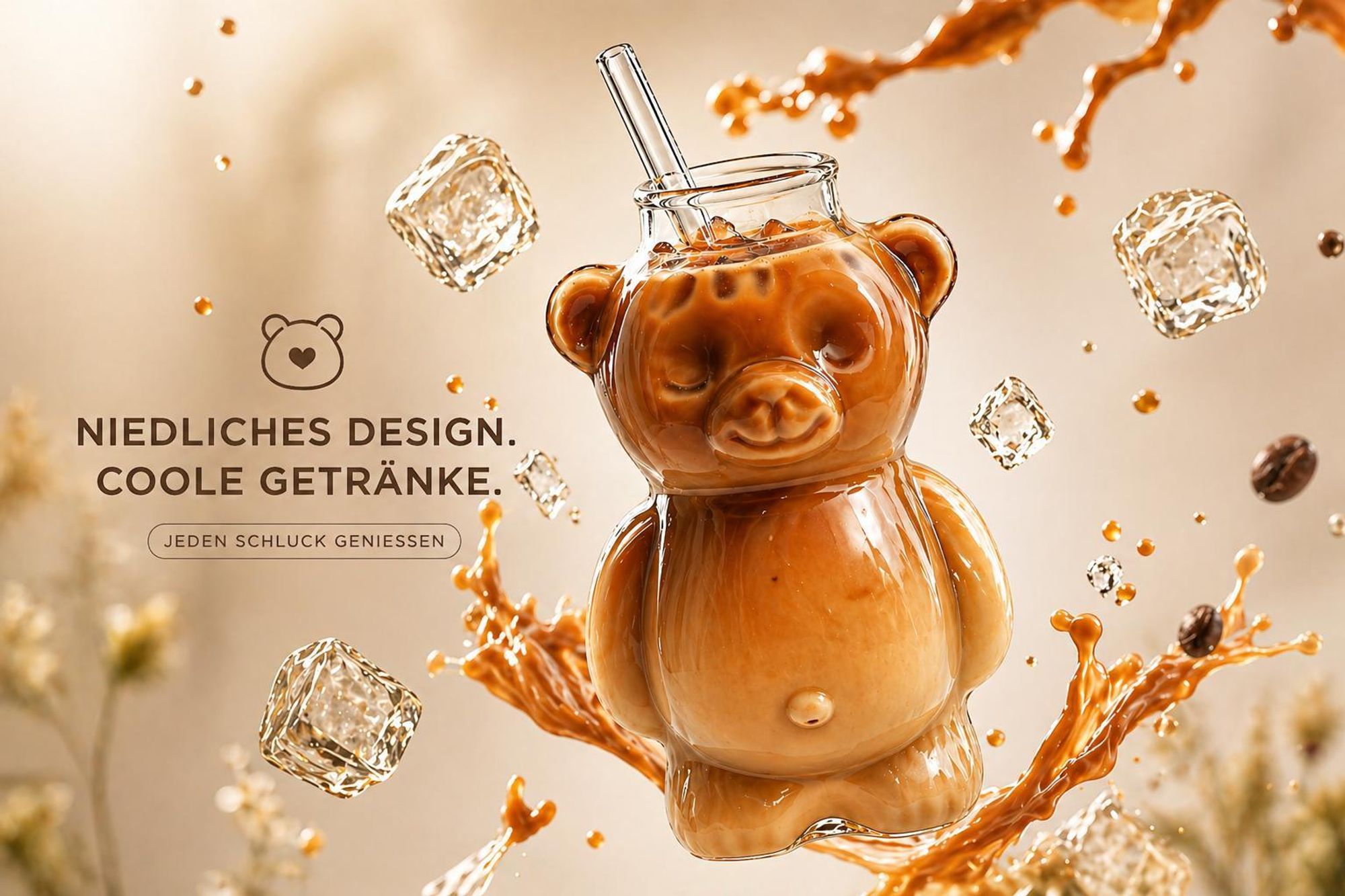 Bärenglas mit Strohhalm 340ml – Süßer Glas Becher in Bärenform – Eiskaffee Becher, Matcha Glas, Cocktailglas – Trinkglas Kawaii Design Geschenkidee