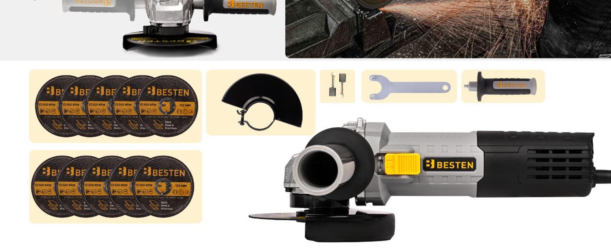 Winkelschleifer 125 mm 1300W, Drehzahlregelung, Softstart, 10× Trennscheiben