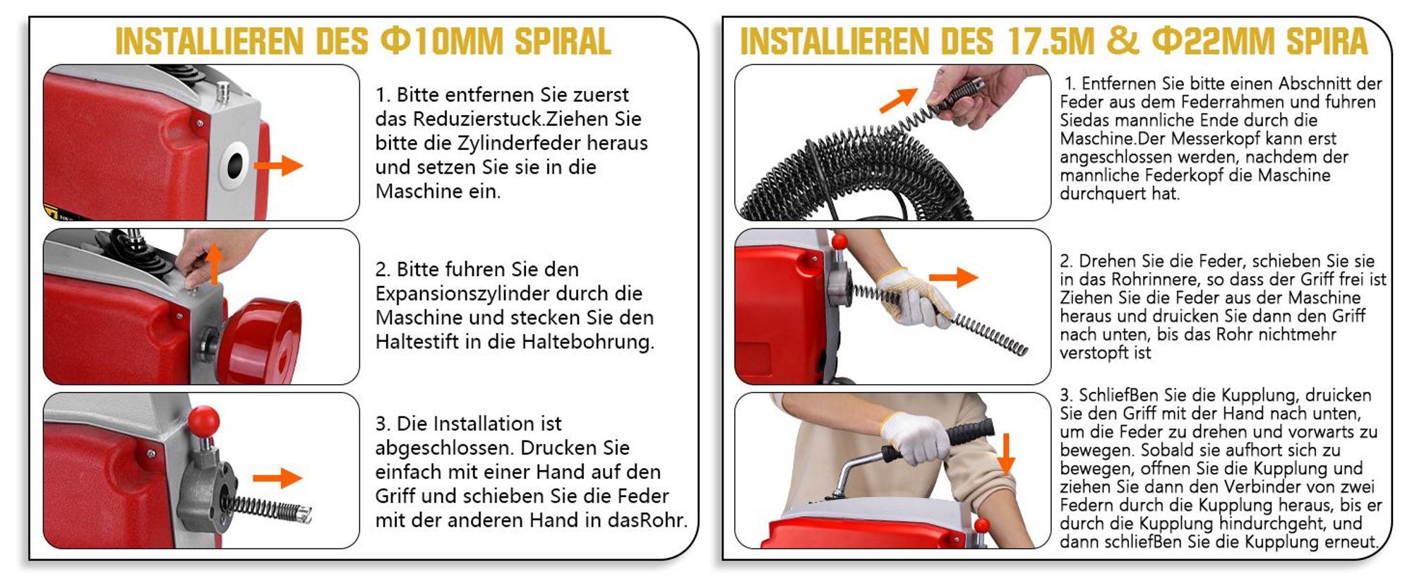 1250W Stark Rohrreinigungsspirale mit Rollen, 17.5m x Ø22mm Manganstahl Spirale, Abflussreiniger Rohrreiniger - Rohrreinigung von Rohren Ø20–200mm