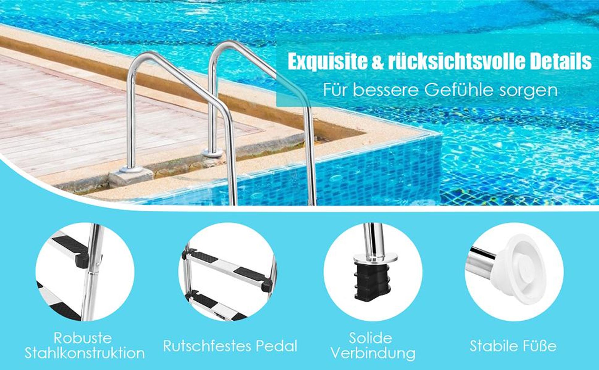 COSTWAY 3 stufiger Edelstahl Poolleiter, Schwimmbad Leiter bis 150kg belastbar, Einstiegsleiter Silber, Schwimmbadleiter rutschfest, Einbauleiter 53 x 63 x 147 cm