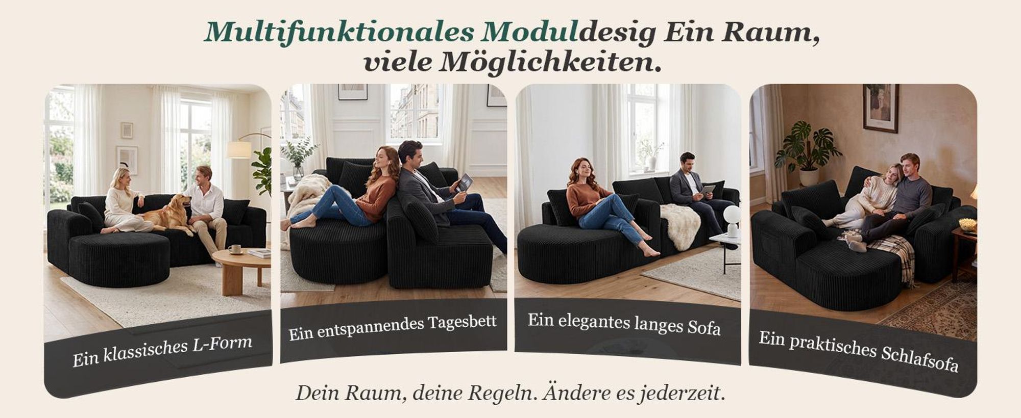 Sofa Ecksofa mit Schlaffunktion, Corduroy Modulares Boneless Couch mit Chaiselongue, L-Form Schlafsofa, Sektionssofas mit Kissen & Seitentaschen 243cm