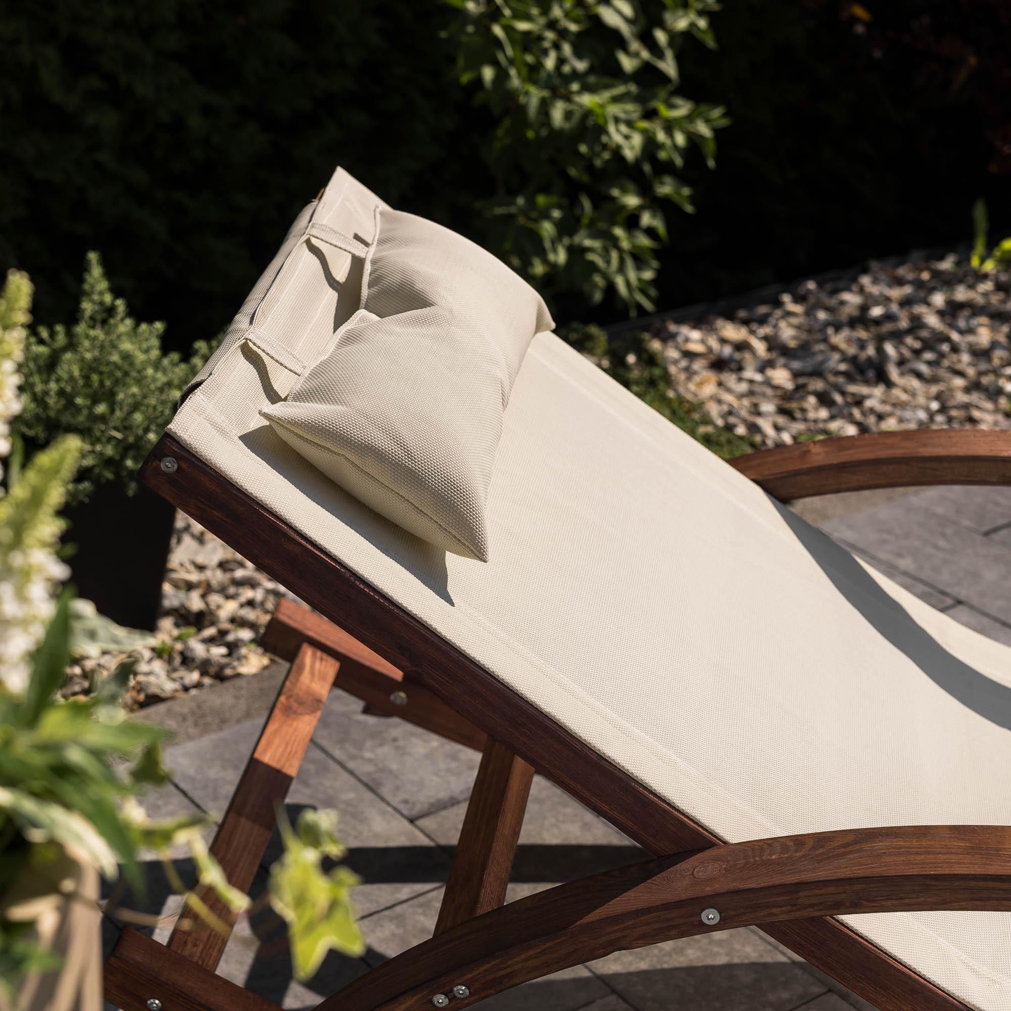 di volio Sonnenliege RODIE – ergonomische Liege aus Lärchenholz mit Kissen, wetterfester Liegestuhl für Garten und Terrasse (Beige)