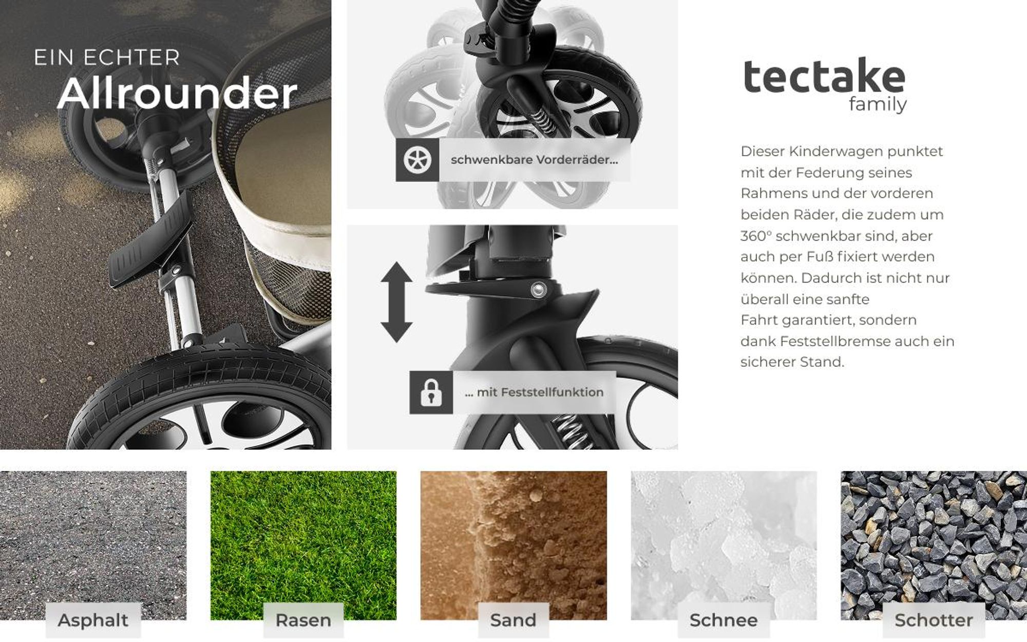 tectake® Kombi-Kinderwagen Mats 2 in 1, klappbar, mit 5-Punkt-Gurt, Bremse, Schutzbügel und Handschlaufe für 0 bis 36 Monate geeignet, Belastbarkeit 15 kg