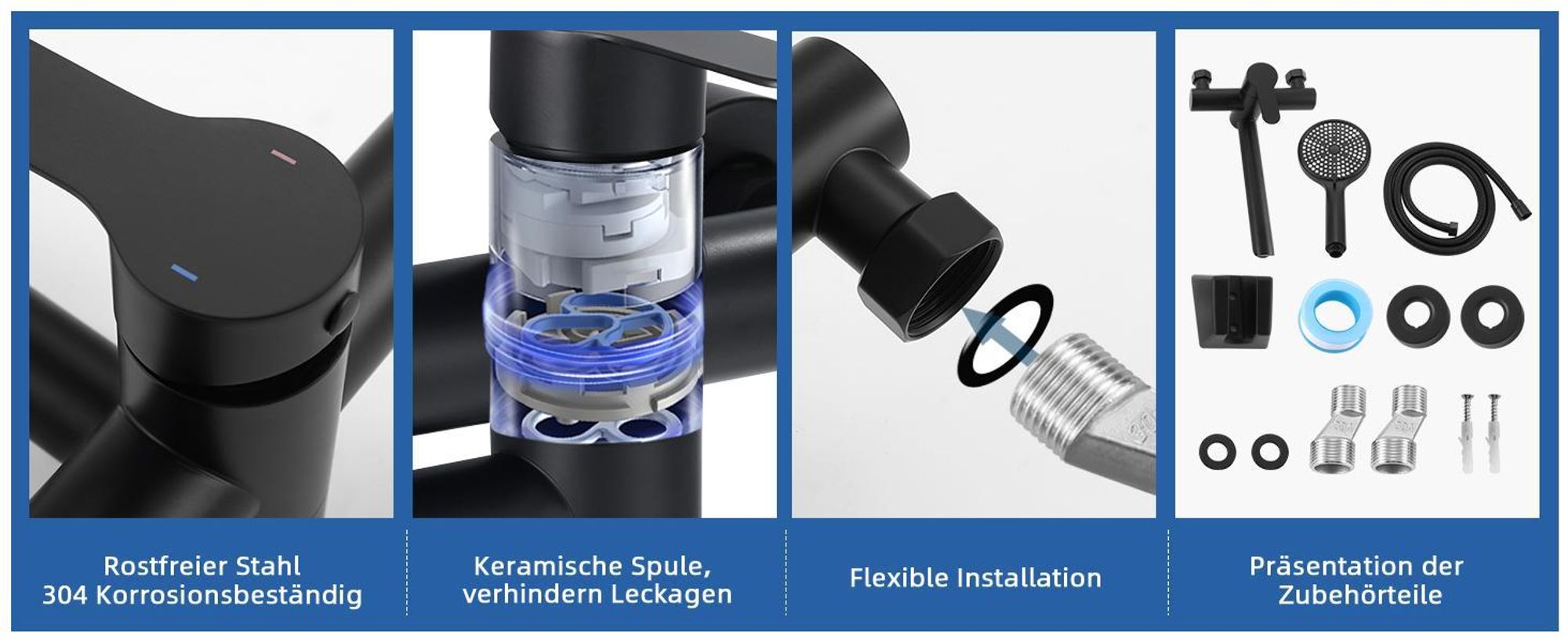 ZMH Badewannenarmatur Schwarz Wannenarmatur mit 3 Funktionen Handbrause Klassisch Set Amaturen Wasserhahn für Badewanne Bad