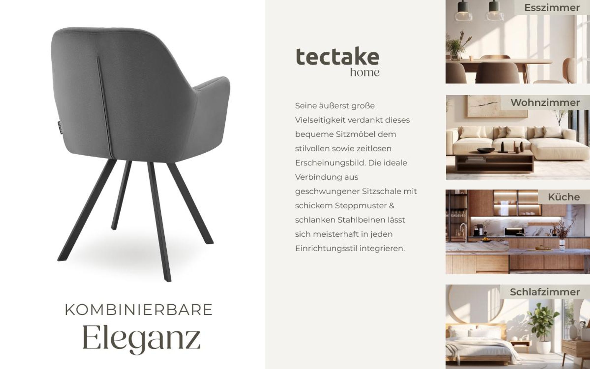 tectake® Drehbarer Samt-Armlehnstuhl Lucia gepolstert, mit Steppmuster 58 x 58 x 87 cm