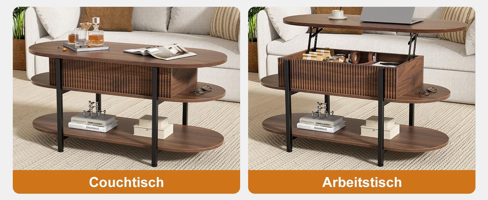 FABATO höhenverstellbare Konstruktion, dreistöckiges Design, versteckter Stauraum und edle Nussbaum-Optik,Moderner ovaler Couchtisch von