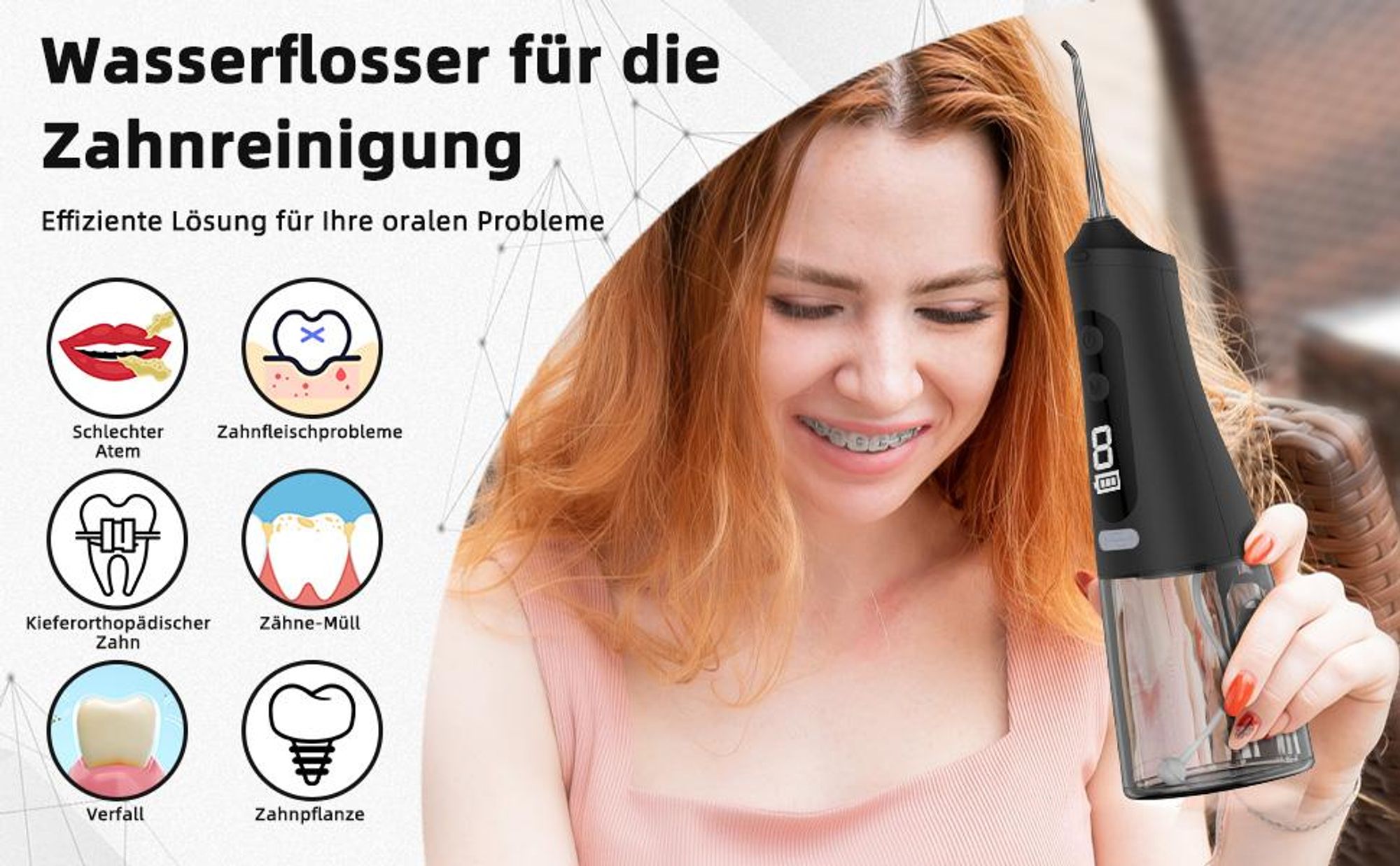 Munddusche, Reisemunddusche, Elektrische Kabellose Munddusche, Elektrischer Zahnreiniger, 9 Modi & 4 Düsen, IPX7 Wasserdicht, für Haus & Reisen