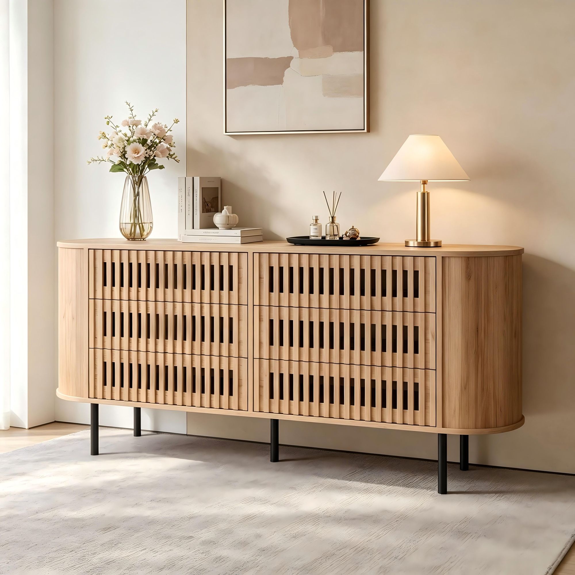 Merax Sideboard mit 6 Schubladen, Kommode Lamellen Design aus MDF, Schubladenschrank mit Metallbeine 70kg, mit Abgerundete Ecken, Stauraum, Natur