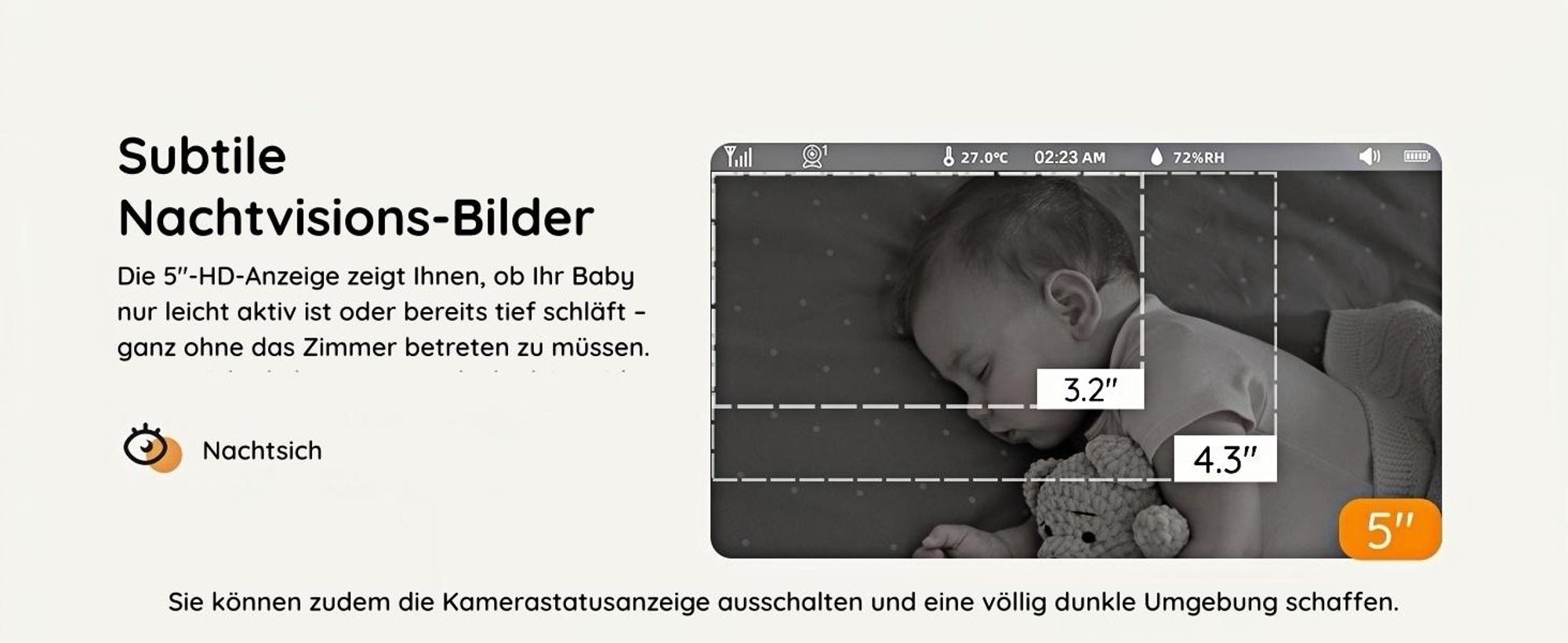 5 Zoll Babyphone mit Kamera 2K Babyfon Video PTZ 355° Bewegungs und Geräuscherkennung Temperatur Luftfeuchtigkeit mobiles Tracking