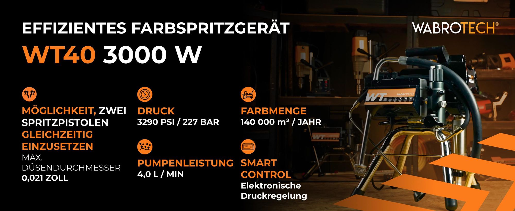 Hydrodynamische Farbsprühsystem Wandfarbe 3000 W WABROTECH WT40 Airless Farbsprühgerät 227 Bar Spritzgerät 4 L/min Airless Farbsprühsystem