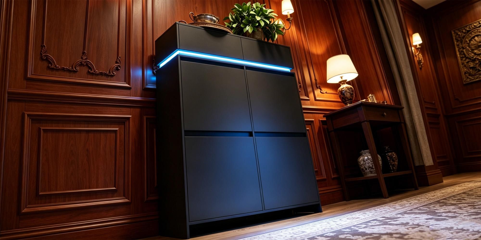 Schuhschrank mit LED-Leuchten, 20 Paar, 4 Klappen(100B cm) | Schuhkipper Schmal, Schuhregal, Verstellbare Ablagefläche, Schuhaufbewahrung für Eingang