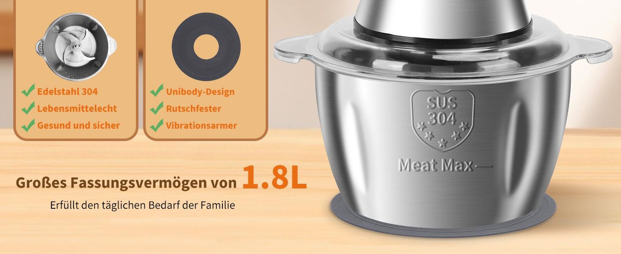Aigostar Fleischwolf Zerkleinerer küche elektrisch, Multizerkleinerer für Fleisch, 500W, 2 Geschwindigkeiten, 4 Edelstahlklingen