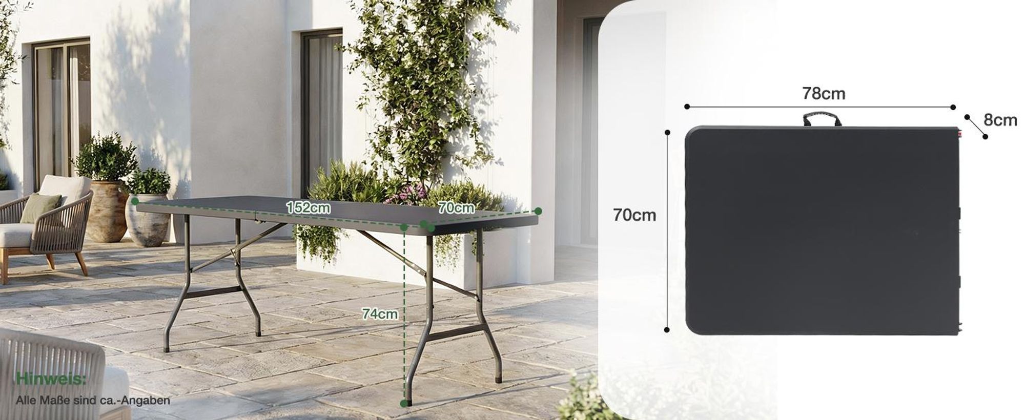 Sekey Buffettisch Klappbar Campingtisch Kunststoff mit Tragegriff, 152x70cm, Schwarz