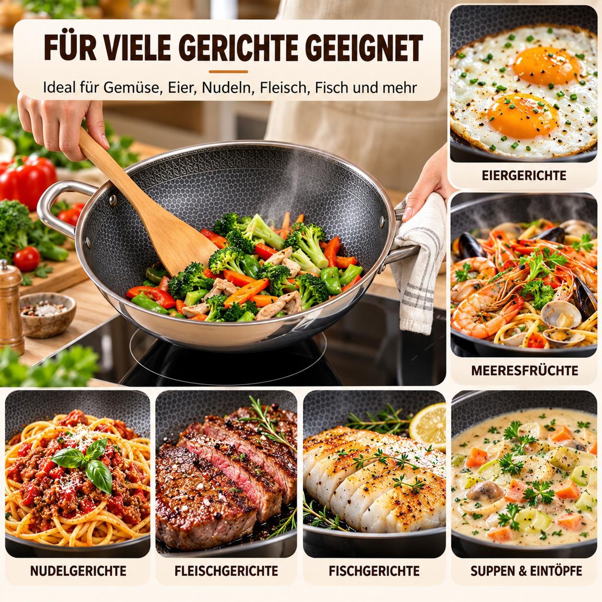Wokpfanne 40 cm – Tri-Ply Edelstahl – Mit Deckel – PFAS-frei – Induktionsgeeignet