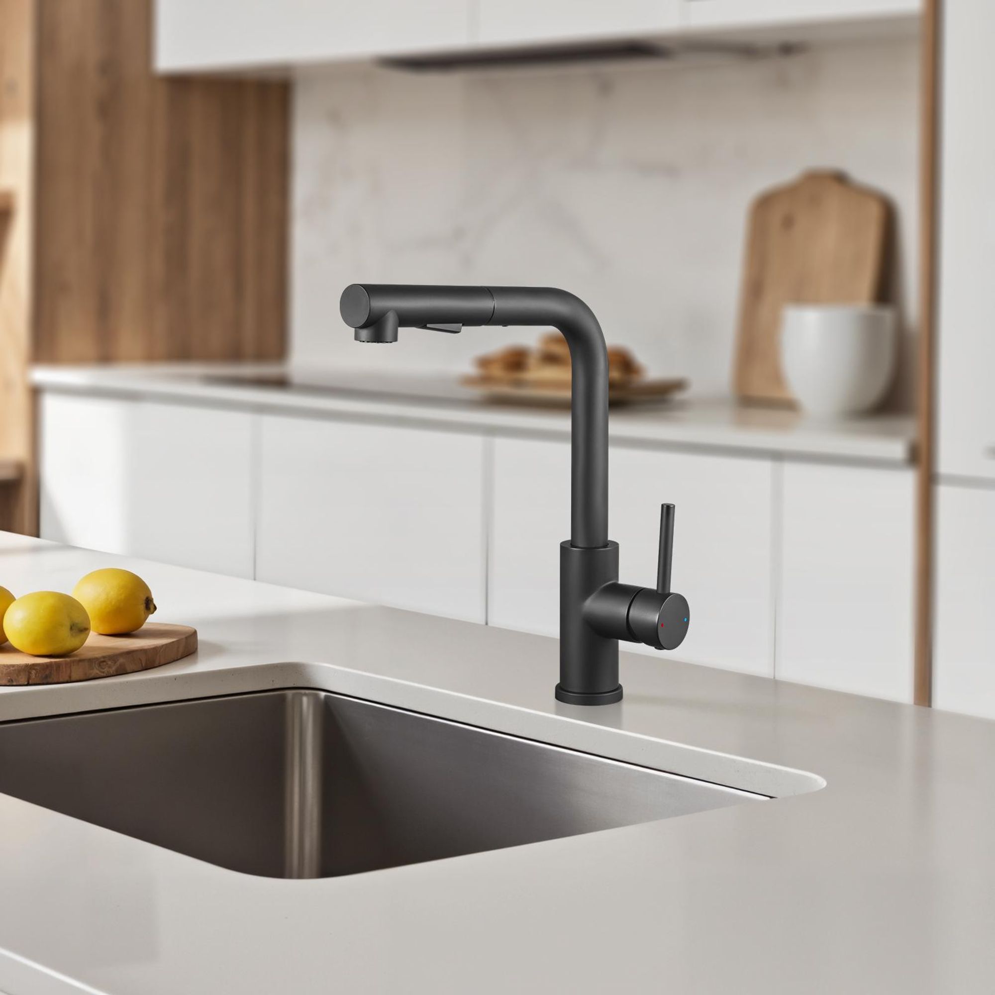 Cecipa Küchenarmatur Schwarz Ausziehbar, Wasserhahn Küche mit Brause, 360° Drehbar Spültischarmatur, L-Form, 304 Edelstahl, Einhandmischer, Schwarz