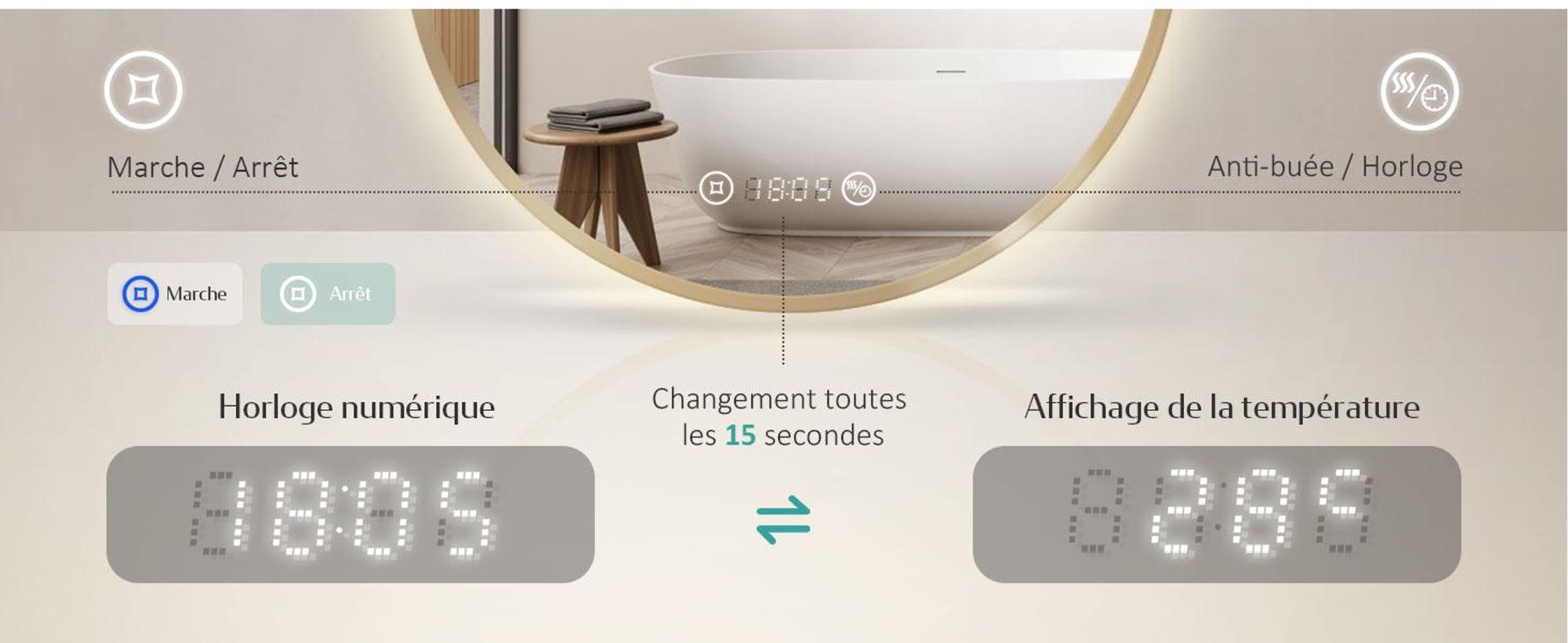 EMKE Miroir de salle de bain rond LED avec éclairage ф60cm Cadre doré brossé Miroir de salle de bain rond avec antibuée, horloge, température, variateur, fonction mémoire - Lumières neutres 4300K