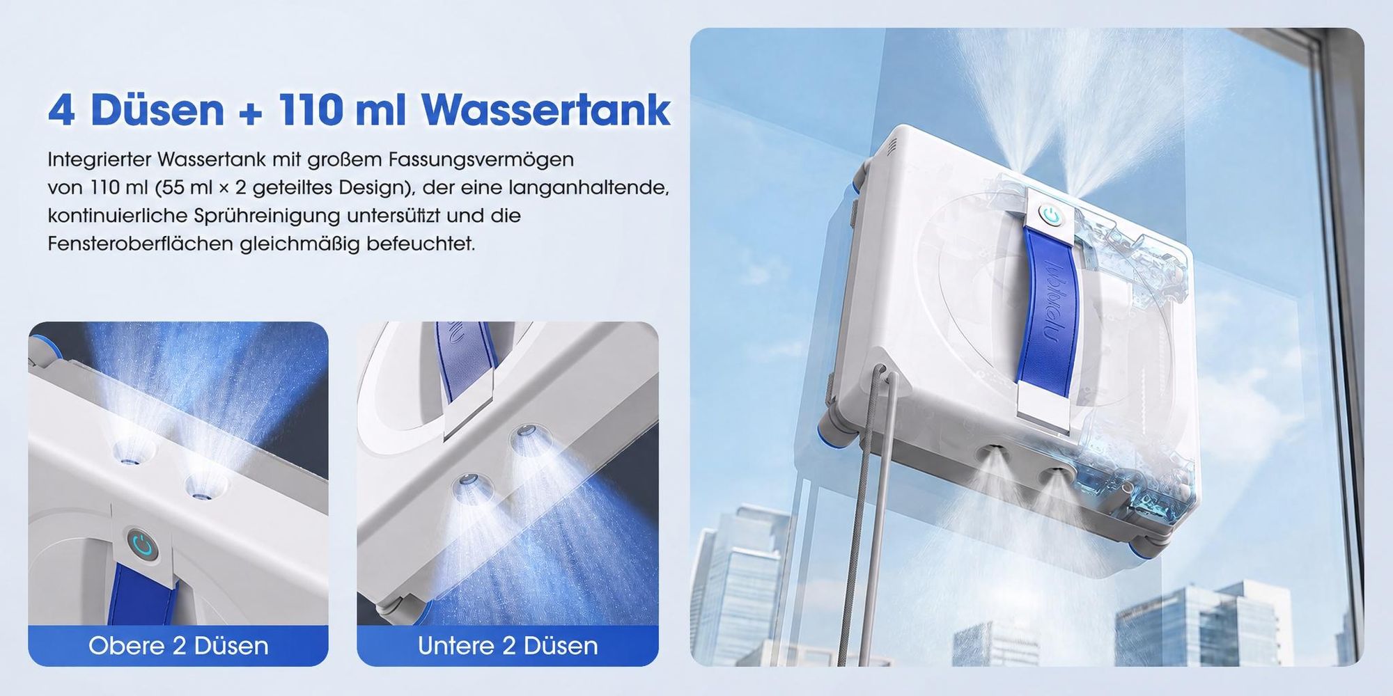 Lubluelu W100 Fensterputzroboter mit Sprühfunktion, 7000 Pa Saugkraft, Fernbedienung & 4 m Sicherheitsseil, inkl. 4 waschbarer Mikrofasertücher
