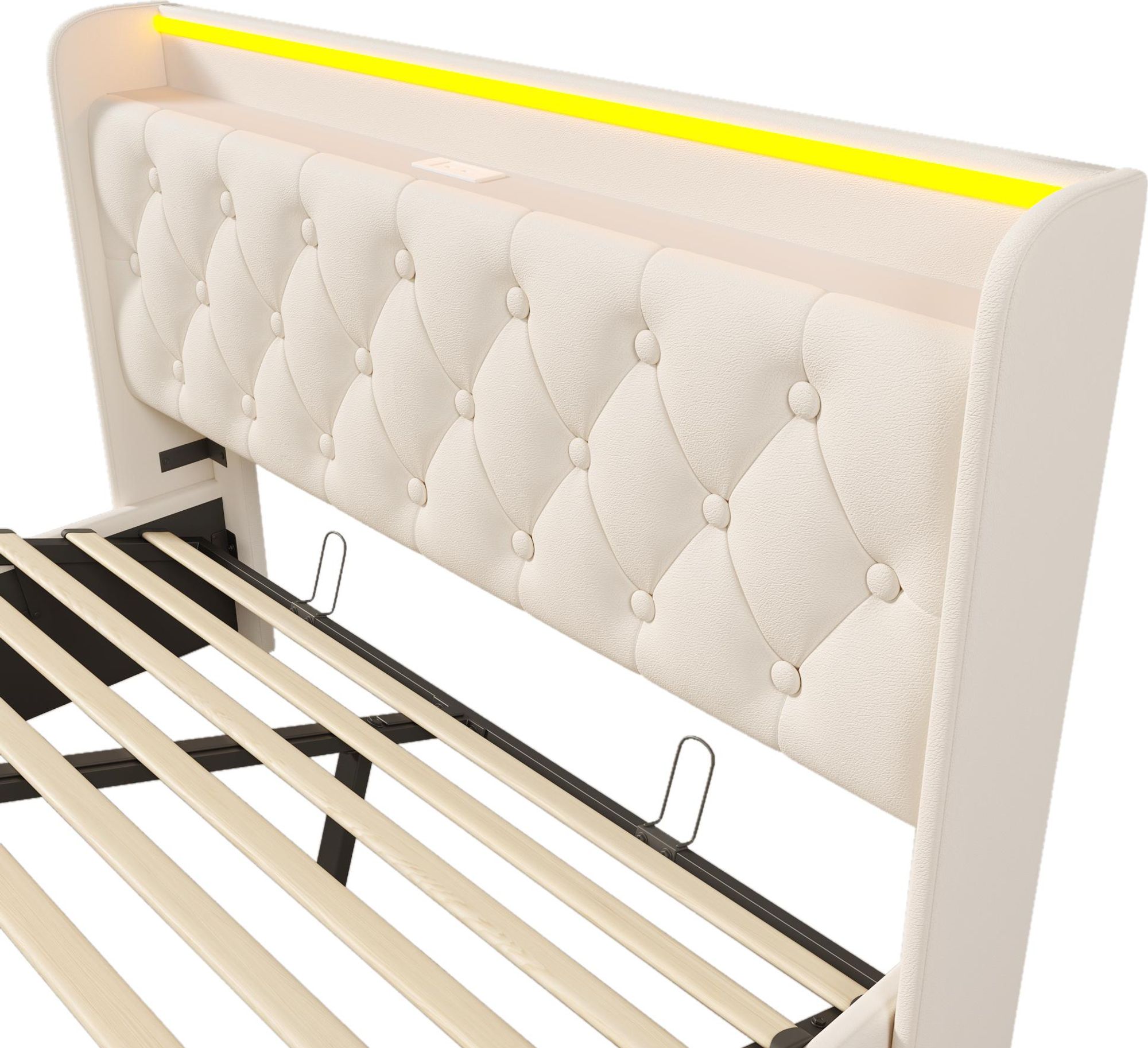 Flieks Polsterbett 140x190cm mit Ladefunktion (USB&Typ-c), Jugendbett Doppelbett Stauraumbett mit LED, Hydraulisches Boxspringbett, PU, Weiß