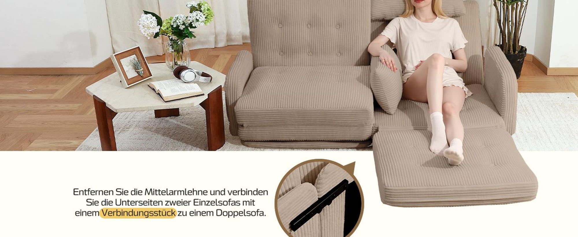 Faltbares 4-in-1 Sofa Bett, Klappbares Schlafsofa & Gästebett, Relaxsessel mit Schlaffunktion, Sitzsack Alternative für Wohnzimmer, Schlafzimmer Khaki