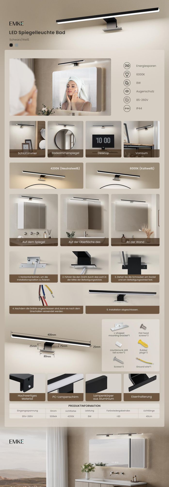 EMKE LED Spiegelleuchte 40 cm – Schwarz, 6000K Kaltweiß, IP44, Bad Spiegellampe für Spiegel & Schrank