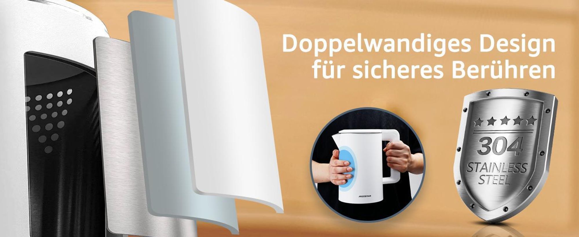 Aigostar Smart Glas-Wasserkocher 1,7L: WLAN & Alexa, 40°C-100°C Temperaturwahl, Innen 100% Edelstahl (Plastikfrei), Strix-Kontrolle, Weiß