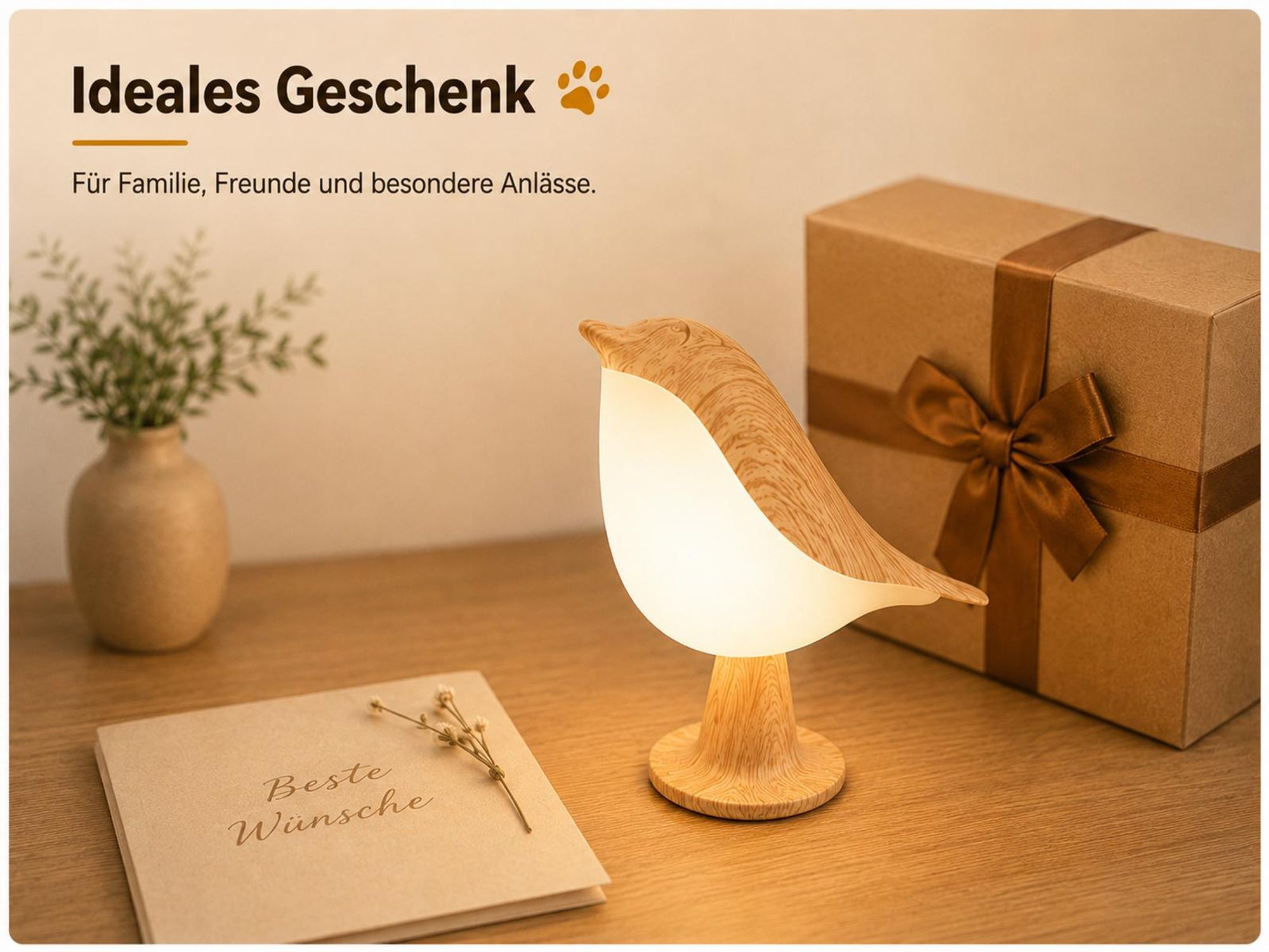 Nachtlicht mit Touch Control, 1x Kabellos Dimmbar LED Akku Lampe USB Tischlampe Vogel Nachttischlampe Für Kinder Erwachsene Geschenke Deko, 1800mAh