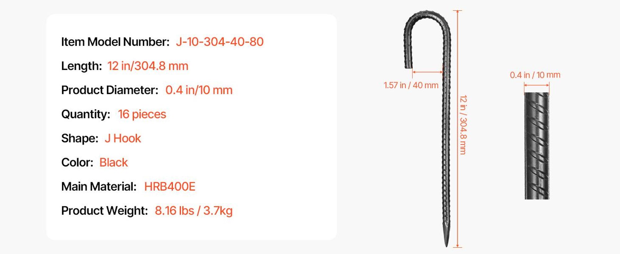 VEVOR Bodenanker, 304,8 mm, J-Typ mit 10 mm Durchmesser, verzinkte Zeltheringe, Erdanker, Erdnägel, Heringe, für Zelten, Vordächern, Camping, Trampolin, Blumenständer (16er-Pack)