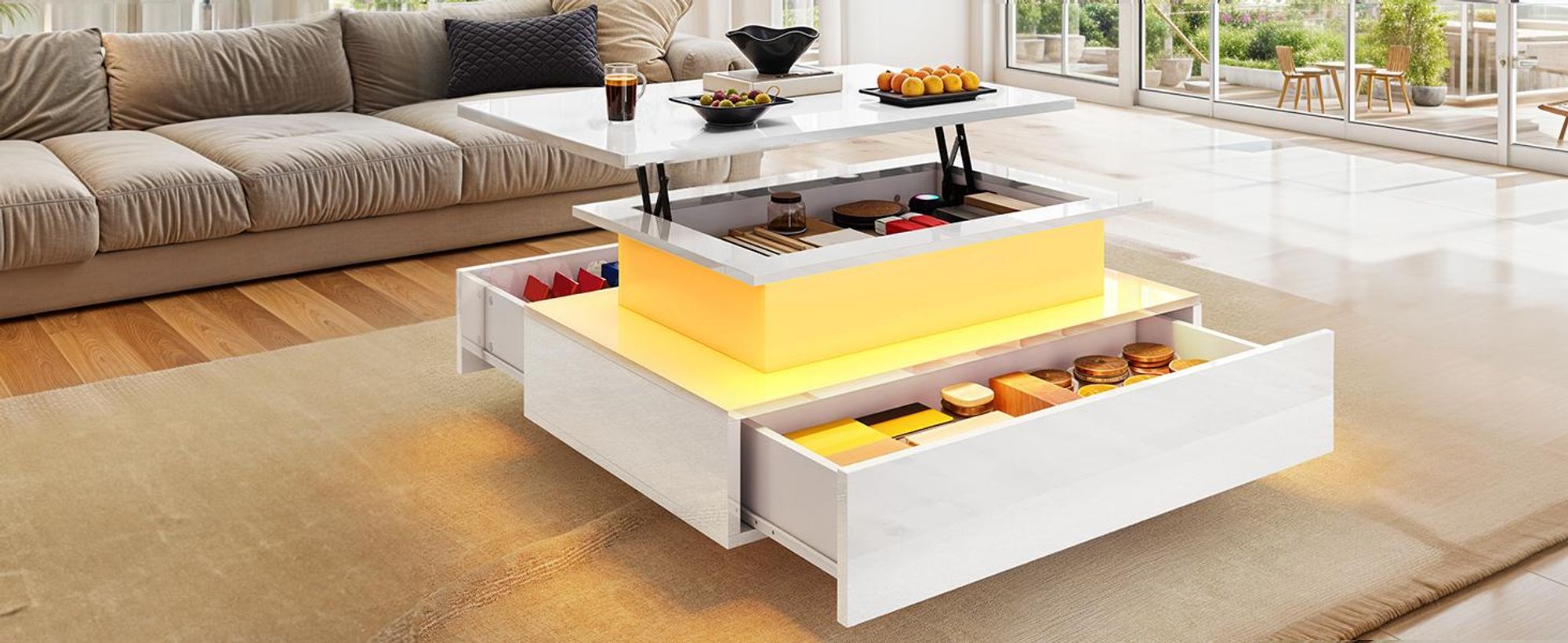YITAHOME Couchtisch Höhenverstellbar, Wohnzimmertisch, mit 16-Farbiger LED, 2 Schubladen, 85 x 55 x (41-56) cm, Weiß