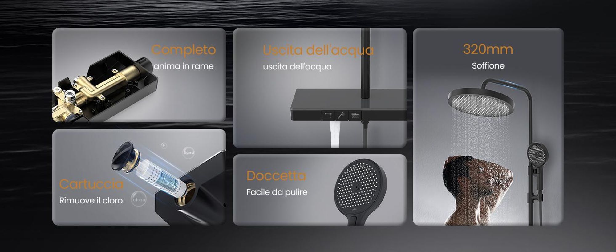Sistema doccia EMKE® con termostatico doccia a pioggia rotonda con ripiano in vetro da 40 cm, rubinetteria per vasca e doccia, doccetta 3 modalità di getto + bocca inferiore nera F22