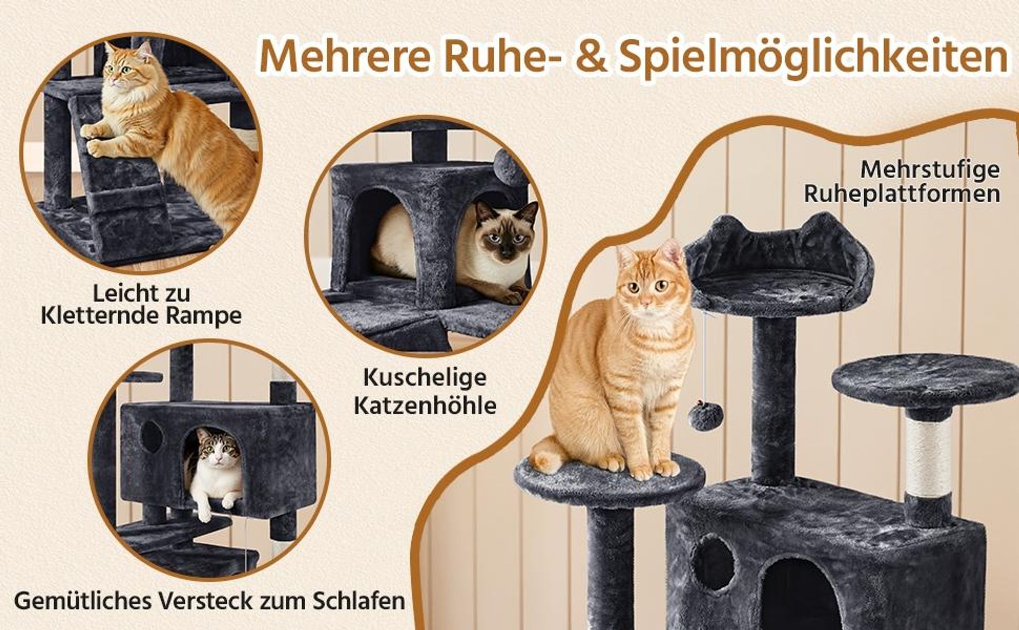 Yaheetech Kratzbaum Katzenbaum Stabiler Katzenkratzbaum Katzenmöbel, Kletterbaum für Katzen Höhe 158 cm, Schwarz