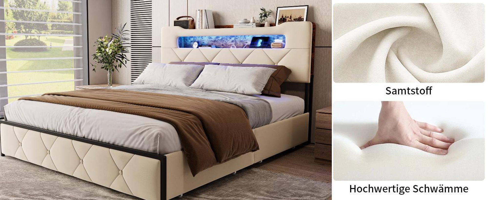 Bett 160 x 200 cm mit LED & USB, gepolstertes Doppelbett mit 4 Schubladen, gepolstertes Bett mit großem Stauraum, bettgestell ,jugendbett ,Beige