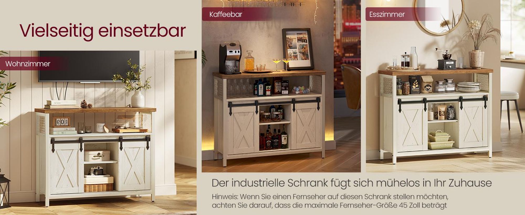 VASAGLE Sideboard Küchenschrank, mit 2 Schiebetüren, verstellbare Ablagen